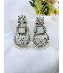 Elegant Ethnic Grey Oxidized-Silver Drop Earrings Ideal for Girls, Women: Great for Festivals, Parties, Weddings